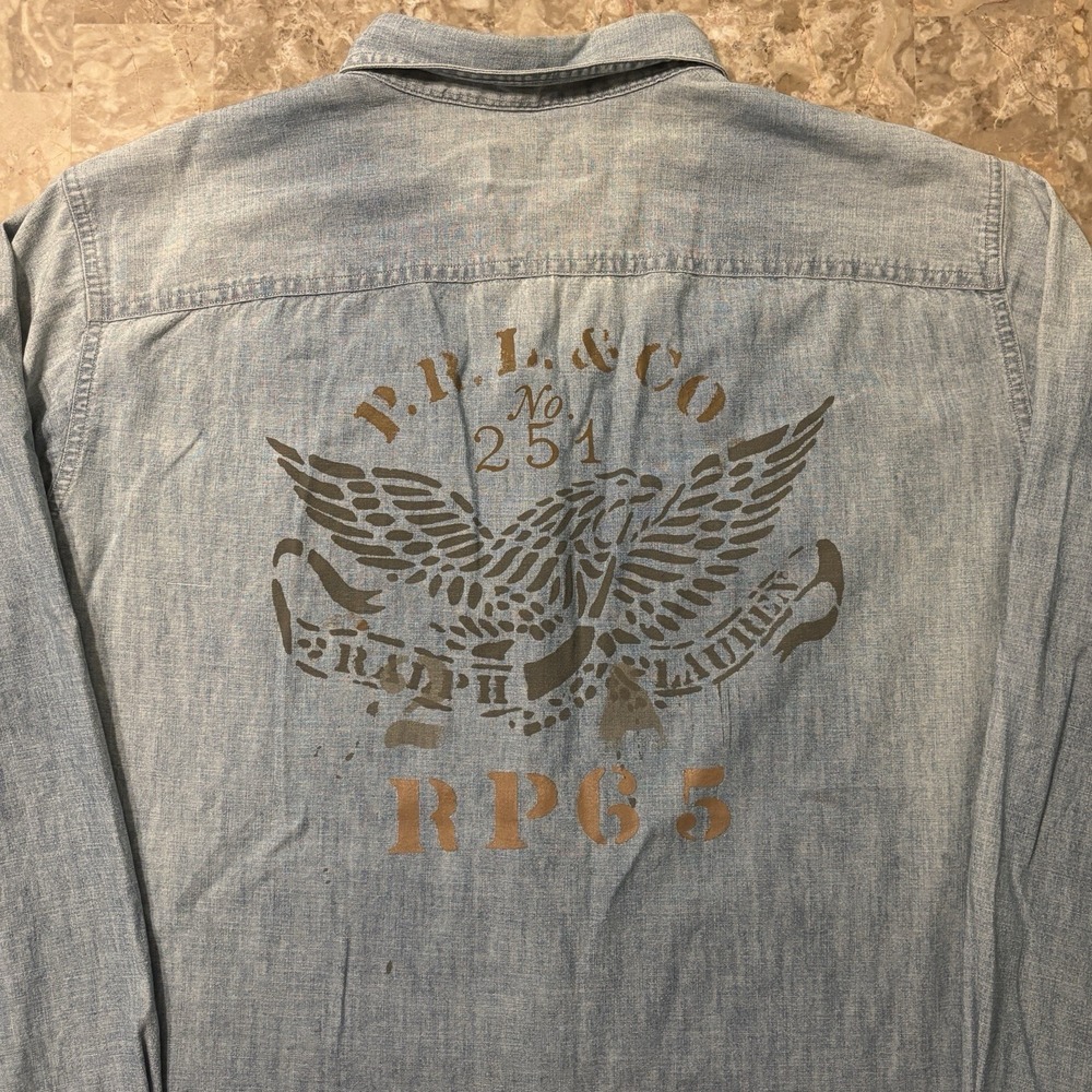 Polo Ralph Lauren Shirt Mens XL Blue Chambray Workshirt Stencil Chin Strap RP65